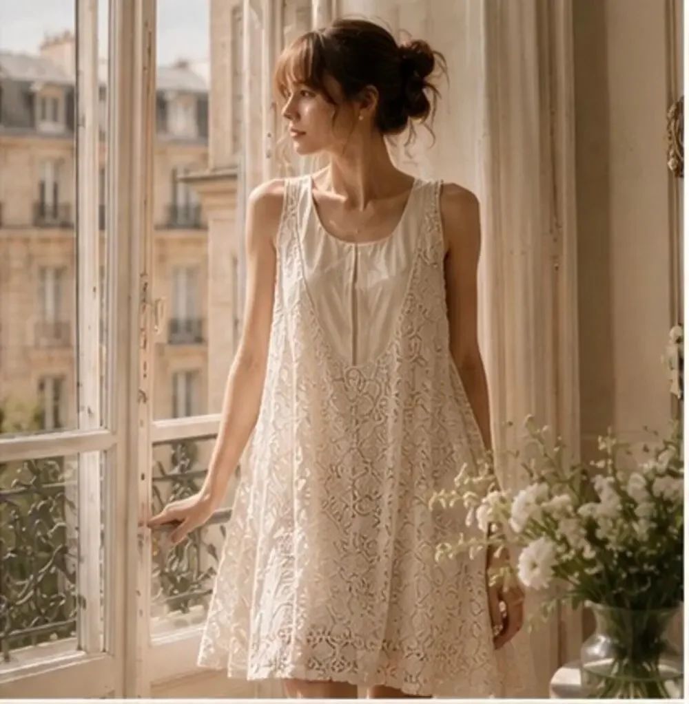 Chloe Robe Lace Tunic Mini Dress in Milk (Ivory) FR42/US10 Authentic